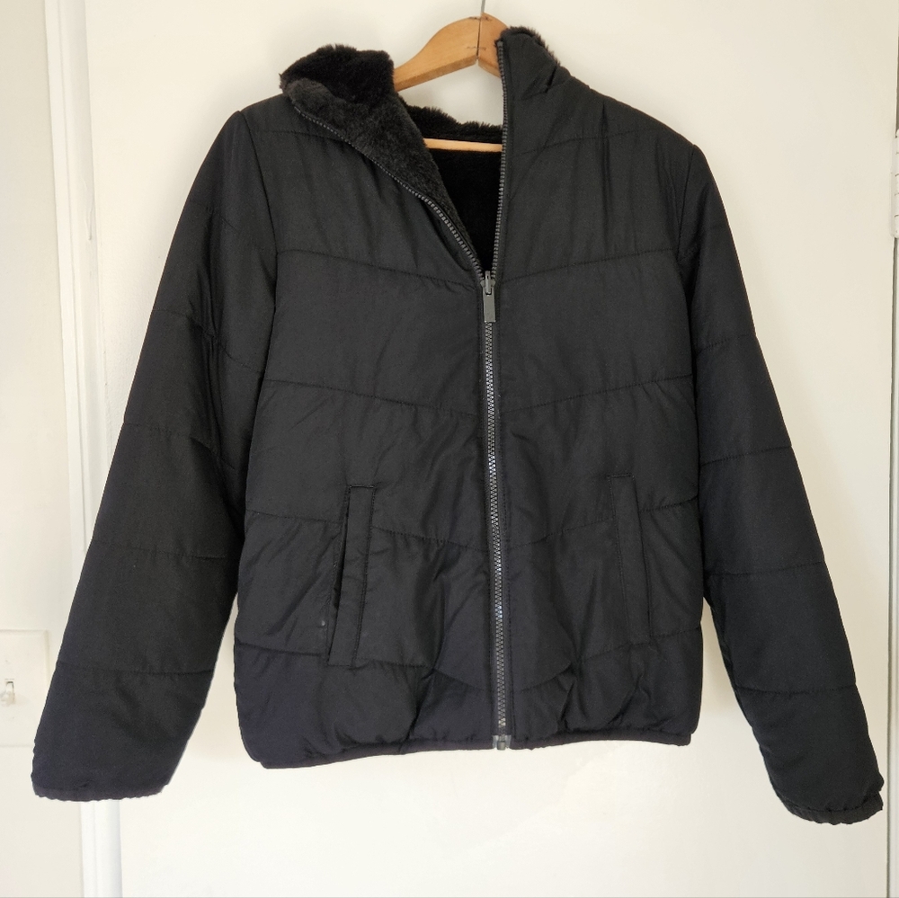 Abercrombie Kids Jacket 13/14 Faux Fur Lined Hood Winter Coat Reversible Unisex